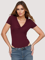 Body a maniche corte Top da donna casual in poliestere con scollo a V pieghettato bordeaux