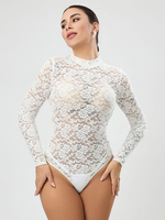Body a maniche lunghe in pizzo bianco con scollo rotondo e top in pizzo sexy da donna