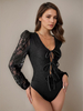 Body a maniche lunghe in pizzo nero con scollo a V e top in pizzo sexy per donna