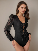 Body a maniche lunghe in pizzo nero con scollo a V e top in pizzo sexy per donna
