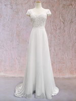 Boho abito da sposa in pizzo a-line senza schienale a maniche a V-avorio con abiti da sposa del treno