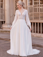 Boho Abito da sposa Pizzo Pizzo A-Line con strascico Vita naturale Abito da sposa Bottoni funzionali Maniche lunghe Scollo a V Avorio