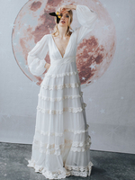 Boho Abito da sposa Pizzo Pizzo A-Line Pavimento-lunghezza Vita naturale Senza schienale Maniche lunghe Scollo a V Avorio