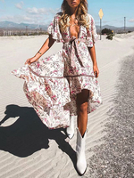 Boho Summer Dress Abito da spiaggia scollo a V maniche corte stampato alto basso