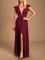 Borgogna Abiti da damigella donore Chiffon Scollo a V Maniche corte A-Line Chiffon A terra Abiti formali