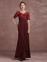 Borgogna pizzo abito da sera plissettato abito V collo mezza manica pavimento lunghezza Mermaid Party Dress di madre Milanoo