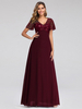 Borgogna Prom Dress A-Line scollo a V maniche corte in chiffon pizzo abiti da festa pavimento-lunghezza