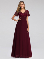 Borgogna Prom Dress A-Line scollo a V maniche corte in chiffon pizzo abiti da festa pavimento-lunghezza