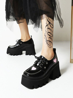 Calzature accademiche Lolita Scarpe Lolita nere con zeppa in pelle PU