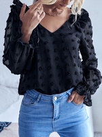 Camicetta nera per donna T-shirt oversize in poliestere con scollo a V a maniche lunghe con volant