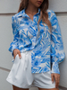 Camicetta per donna blu cielo con stampa floreale bottoni colletto turndown casual maniche lunghe in poliestere