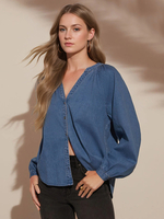 Camicetta per donna blu denim scollo a V bottoni chic maniche lunghe top