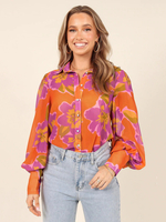 Camicetta per donna blu poliestere colletto rovesciato bottoni classici stampati maniche lunghe top