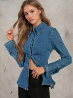 Camicetta per donna bottoni blu colletto turndown chic maniche lunghe denim top