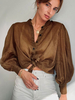 Camicetta per donna Camicetta in cotone a maniche lunghe casual con colletto alla coreana marrone caffè