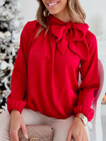 Camicetta per donna Poliestere rosso Colletto alla coreana Maglietta a maniche lunghe con fiocchi pieghettati pieghettati casual a strati con fiocco in pizzo