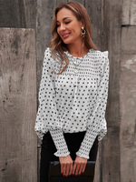 Camicetta per donna T-shirt a maniche lunghe pieghettata a pois casual irregolare con collo gioiello in poliestere bianco