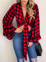 Camicetta per donna T-shirt casual con motivo scozzese a maniche lunghe in poliestere rosso con scollo a V