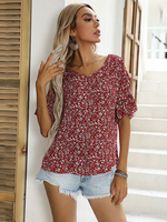 Camicetta per donna T-shirt in poliestere a maniche corte classica con collo gioiello con stampa floreale bordeaux