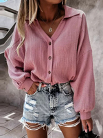 Camicetta per donna T-shirt in poliestere a maniche lunghe casual con scollo a V e scollo a V con bottoni rosa