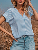 Camicetta per donna Top a maniche corte a righe sexy in poliestere blu con scollo a V
