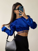 Camicetta per donna Top a maniche lunghe casual con collo gioiello in poliestere blu