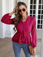 Camicetta per donna Top a maniche lunghe casual con lacci in poliestere rosso con scollo a V