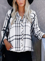 camicetta per donna Top a maniche lunghe scozzese casual in poliestere bianco con colletto alla rovescia