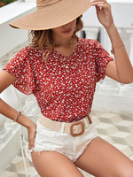 Camicetta per donna Top in poliestere a maniche corte casual con scollo a V con stampa floreale rossa