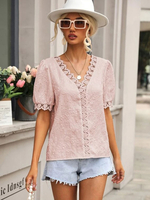 Camicetta per donna Top in poliestere a maniche corte casual con scollo a V rosa