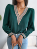 Camicetta per donna Top in poliestere a maniche lunghe bohémien con scollo a V in pizzo verde bicolore