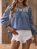 Camicetta per donna Top in poliestere a maniche lunghe casual con collo gioiello ricamato blu