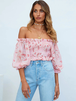 Camicetta per donna Top in poliestere a maniche lunghe casual con scollo a barchetta con stampa floreale arancione