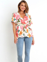 Camicetta per donna Top senza maniche con stampa floreale bohémien con scollo a V in poliestere arancione