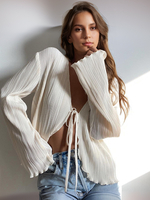 Camicetta plissettata con nodo sul davanti scollo a V maniche a campana camicia estiva per donna 2026