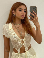 Camicetta sexy per donna Scollo a V Colletto rovesciato Maniche corte Cappotto corto estivo in poliestere bianco