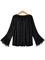 Camicetta taglie forti per donna T-shirt estiva casual in poliestere oversize con maniche svasate lunghe con scollo a cuore nero