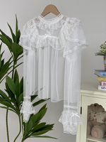 Camicette Lolita Dolci Maniche Lunghe Nere Fiocchi Volant Top Lolita Camicia Lolita a Pois