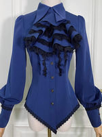 Camicette Steampunk Lolita con volant in pizzo Lolita Top camicetta a maniche lunghe Camicia Lolita blu
