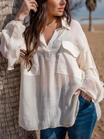 Camicia da donna bianca con colletto rovesciato casual maniche lunghe in cotone