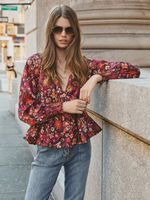 Camicia da donna con stampa floreale bordeaux colletto rovesciato bohemien maniche lunghe in poliestere Top