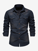 Camicia in denim da uomo casual tinta unita a maniche lunghe vestibilità slim