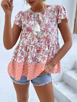 Camicia per donna bianca chiacchierino scollo a V classica stampa floreale maniche corte top