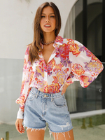 Camicia per donna collo alto in poliestere marrone scuro con bottoni stampati classici maniche lunghe