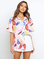 Camicia per donna Top a maniche corte stampate casual con colletto rovesciato in poliestere rosa