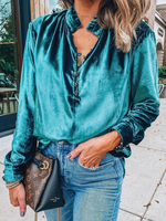 Camicia Per Le Donne Ciano Bottoni Blu Colletto Turndown Casual Maniche Lunghe Velluto Top