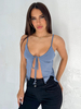 Camicie da donna irregolari in poliestere sexy con spalline sul collo con spalline blu baby