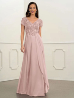 Cammeo marrone abito da sposa madre scollo a V maniche corte A-line pieghettato abiti da sposa lunghezza pavimento