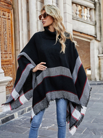 Capispalla caldo da donna a righe con collo alto e poncho kaki