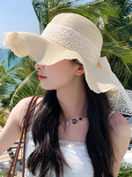 Cappello di paglia a tesa larga con fiocco in pizzo estivo traspirante protezione solare cappello da spiaggia 2026